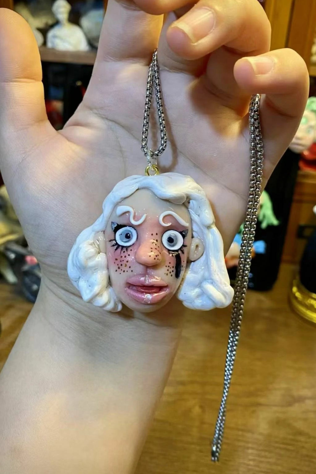 Kebarro Handmade Ugly Doll Necklace with White Short Hair and Brown Freckles