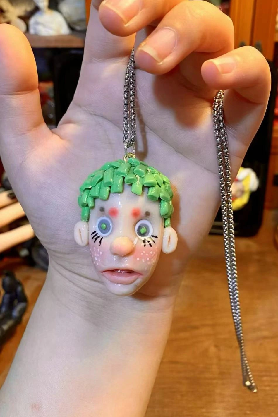 Kebarro Colorful Clown Polymer Clay Necklace with Green Short Hair