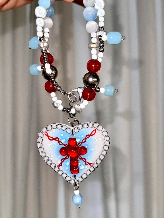 Zoaleo Shop Gothic Red Cross Heart Clay Charms Necklace Heart & Star Series (Style B)