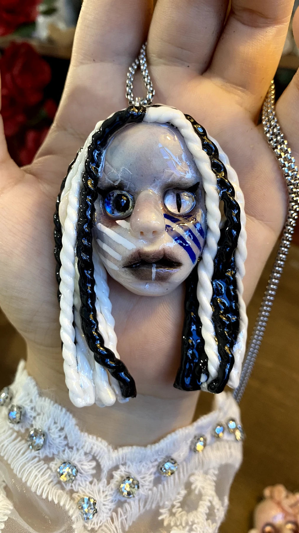 Kebarro Black And White Braided Hair Doll Cute Clay Necklace