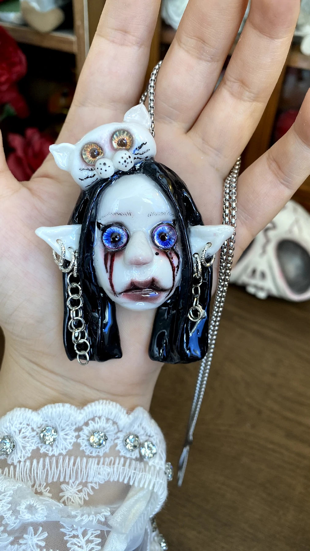 Kebarro Black Hair Cat Ear Chains Face Doll Clay Necklace