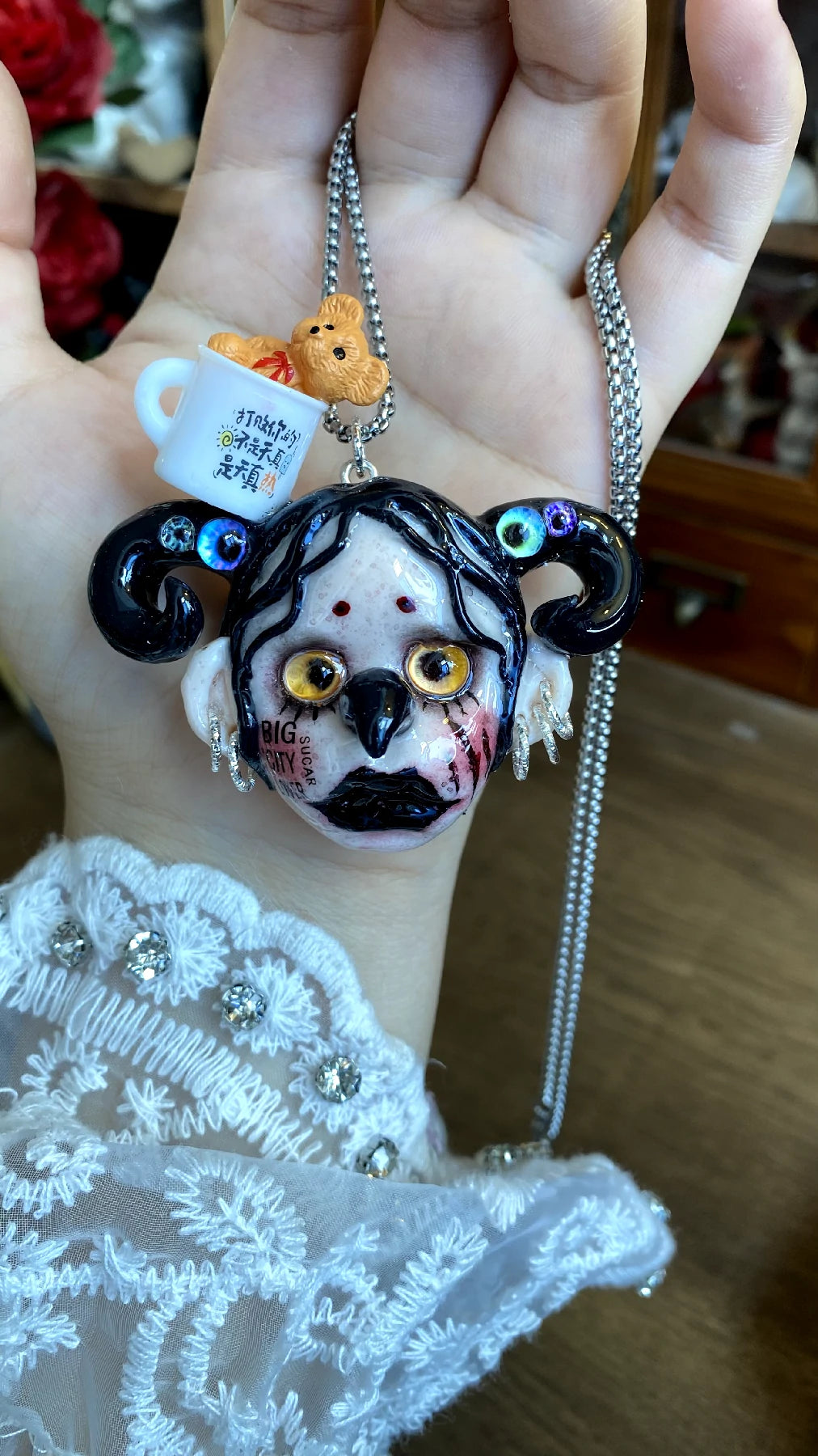 Kebarro Black Hair Coffee Cup Cute Girl Clay Necklace
