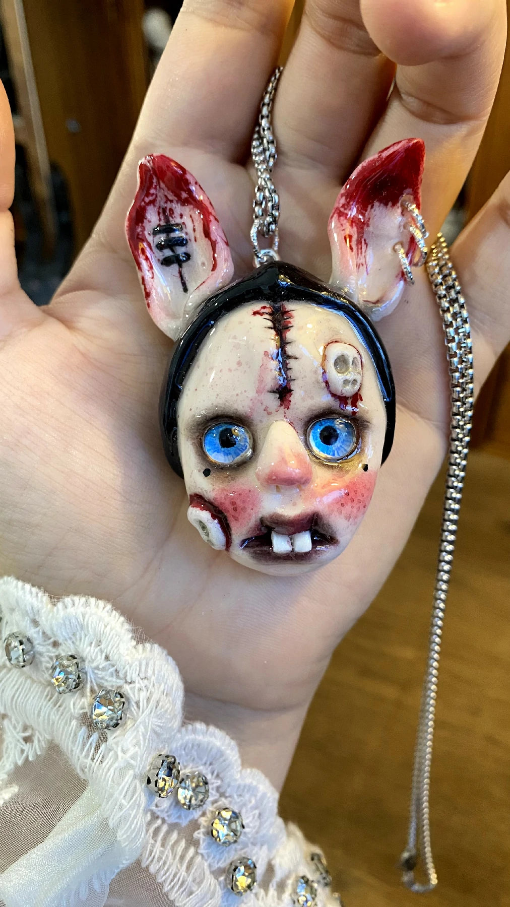 Kebarro Blue Eyes Bunny Ear Weird Doll Clay Necklace