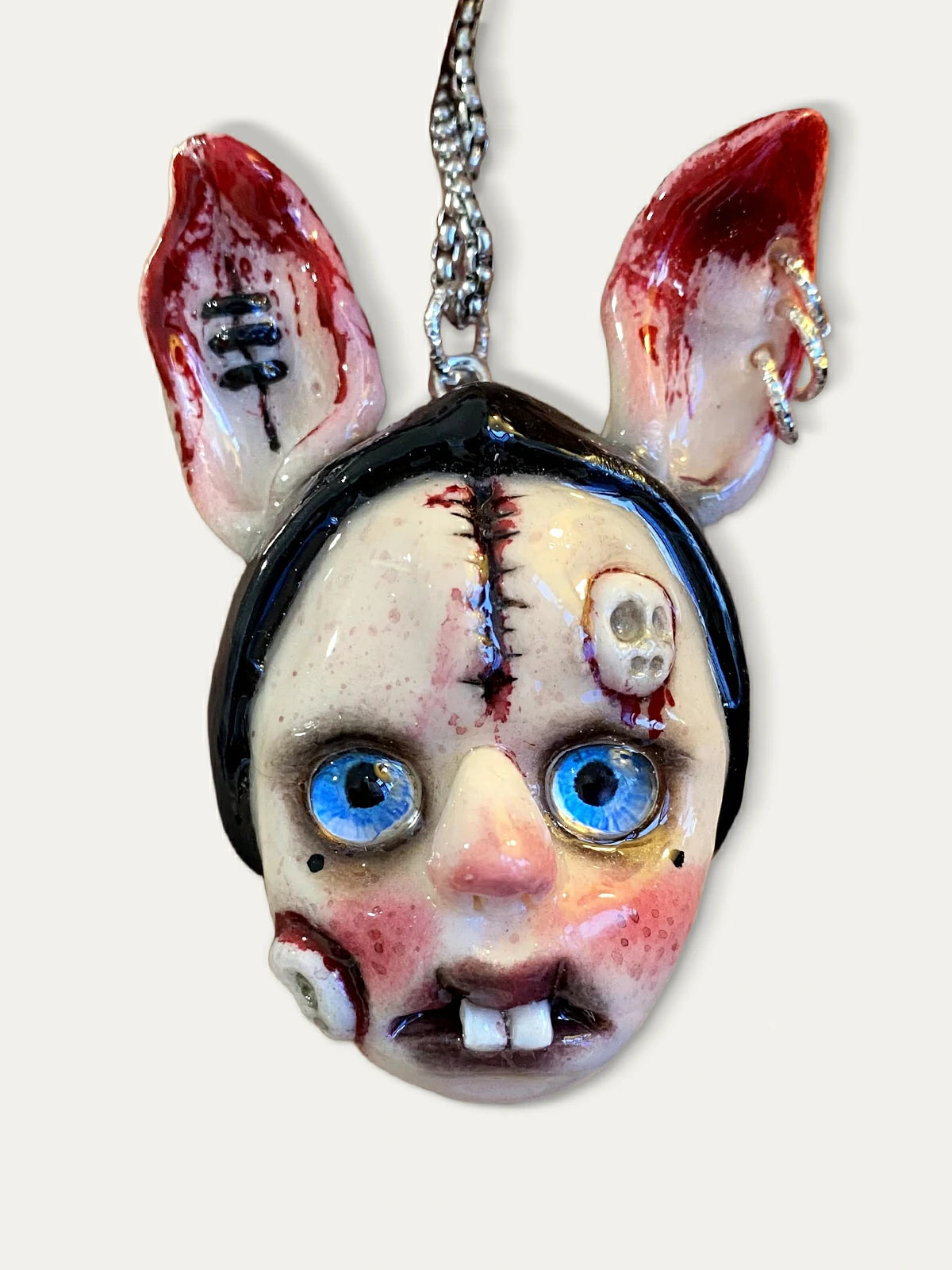 Kebarro Blue Eyes Bunny Ear Weird Doll Clay Necklace