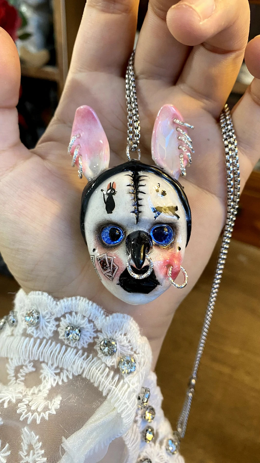Kebarro Blue Eyes Large Ears Cat On Face Weird Doll Clay Necklace