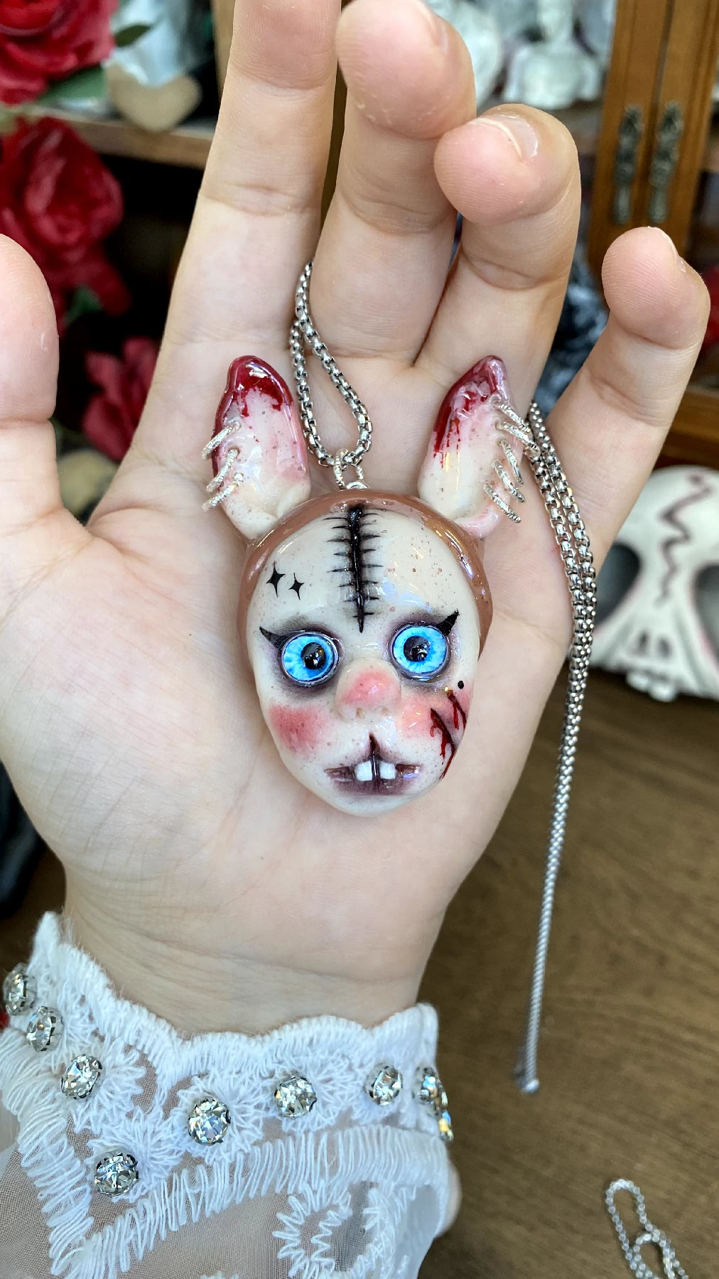 Kebarro Stiched Ears Rabbit teeth Incisors Multicolor Eyes Face Clay Necklace