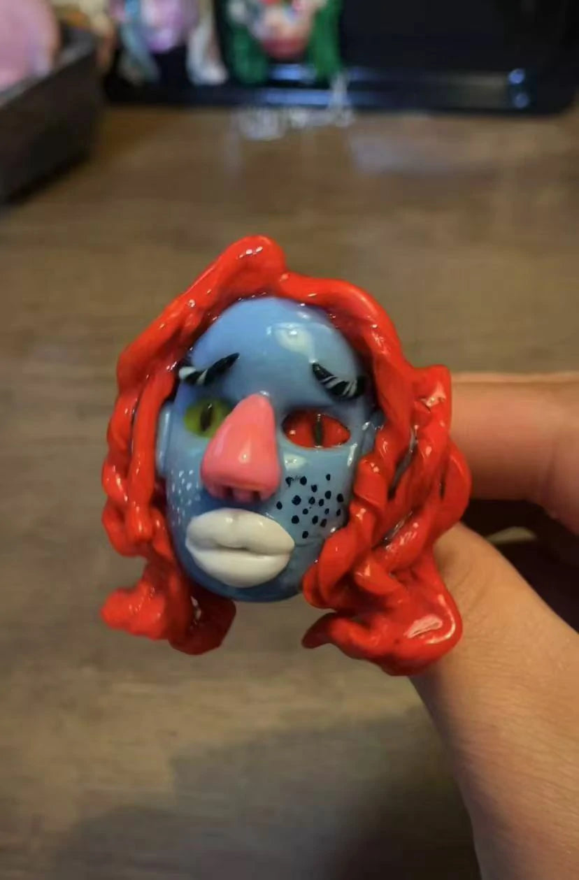 Kebarro Handmade Blue Face Red Hair Ugly Doll Clay Necklace