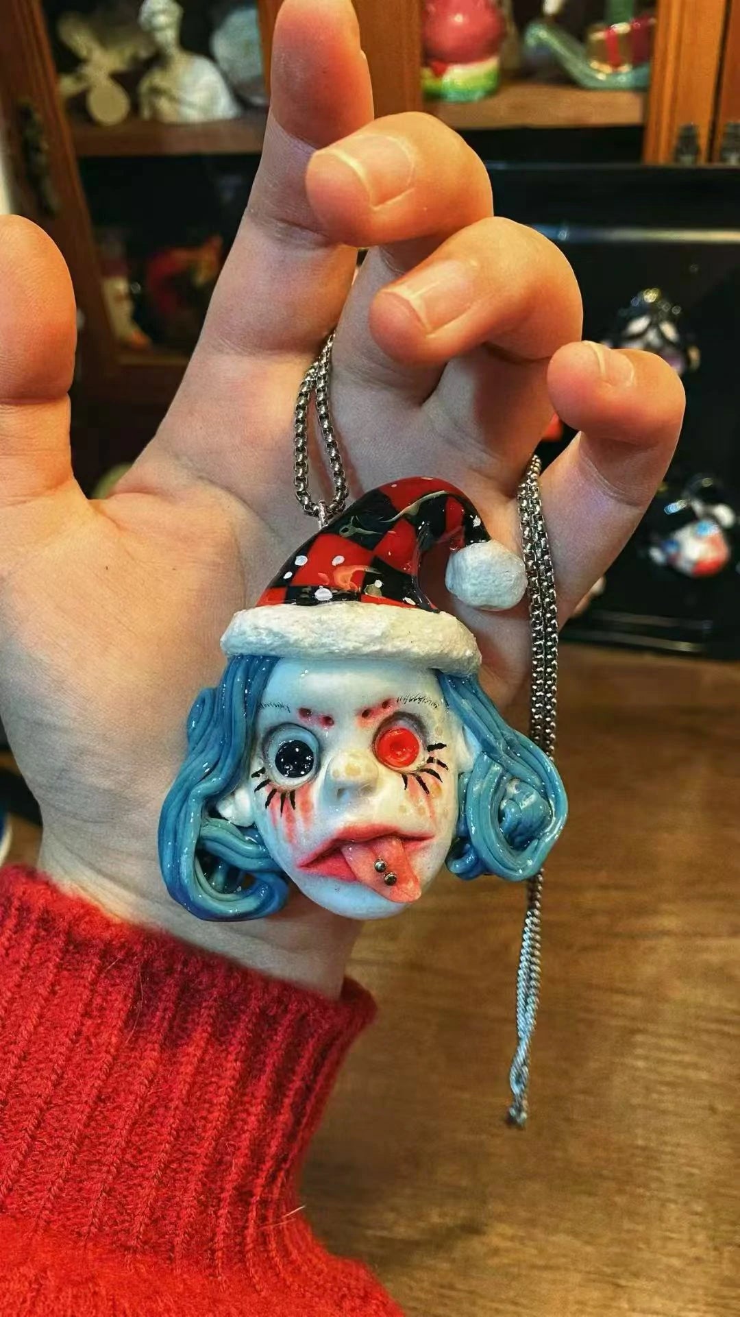 Kebarro Blue Hair Santa Hat Bizarre Doll Clay Necklace