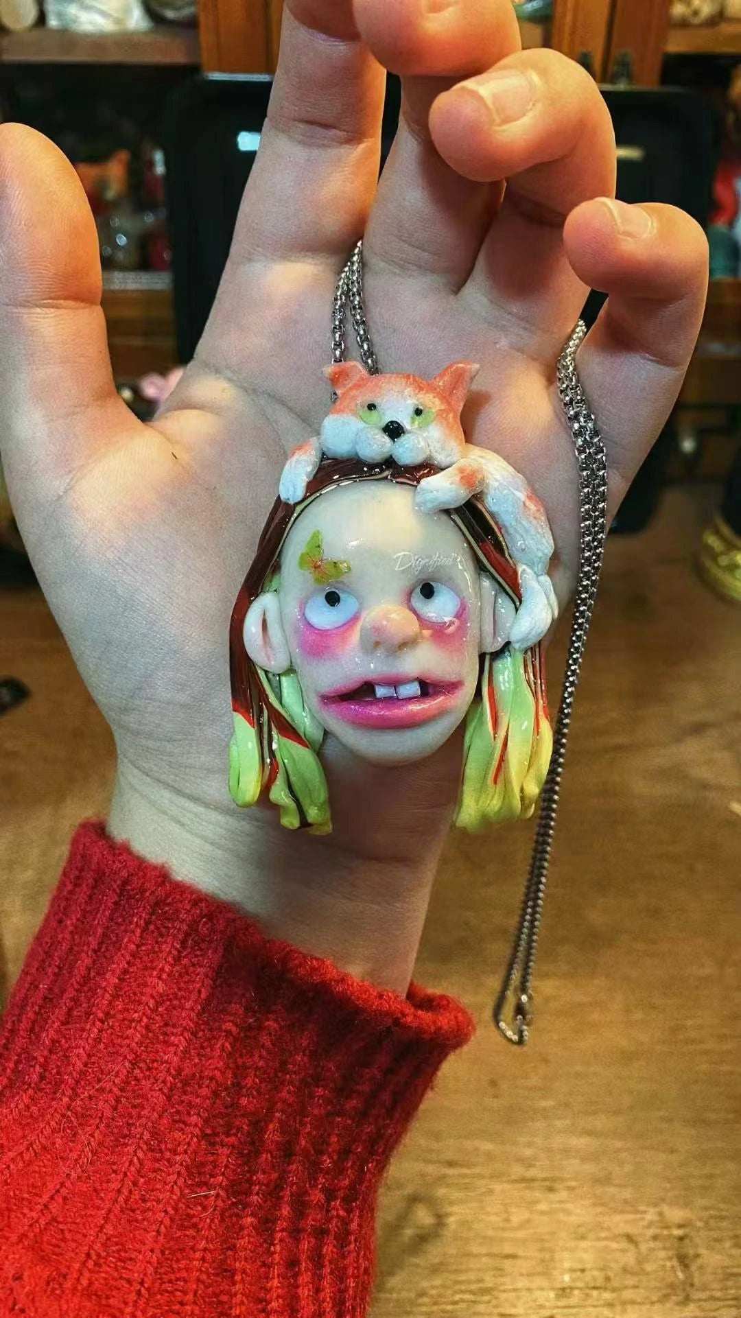 Kebarro Cat On Head Butterfly On Face Bizarre Doll Clay Necklace