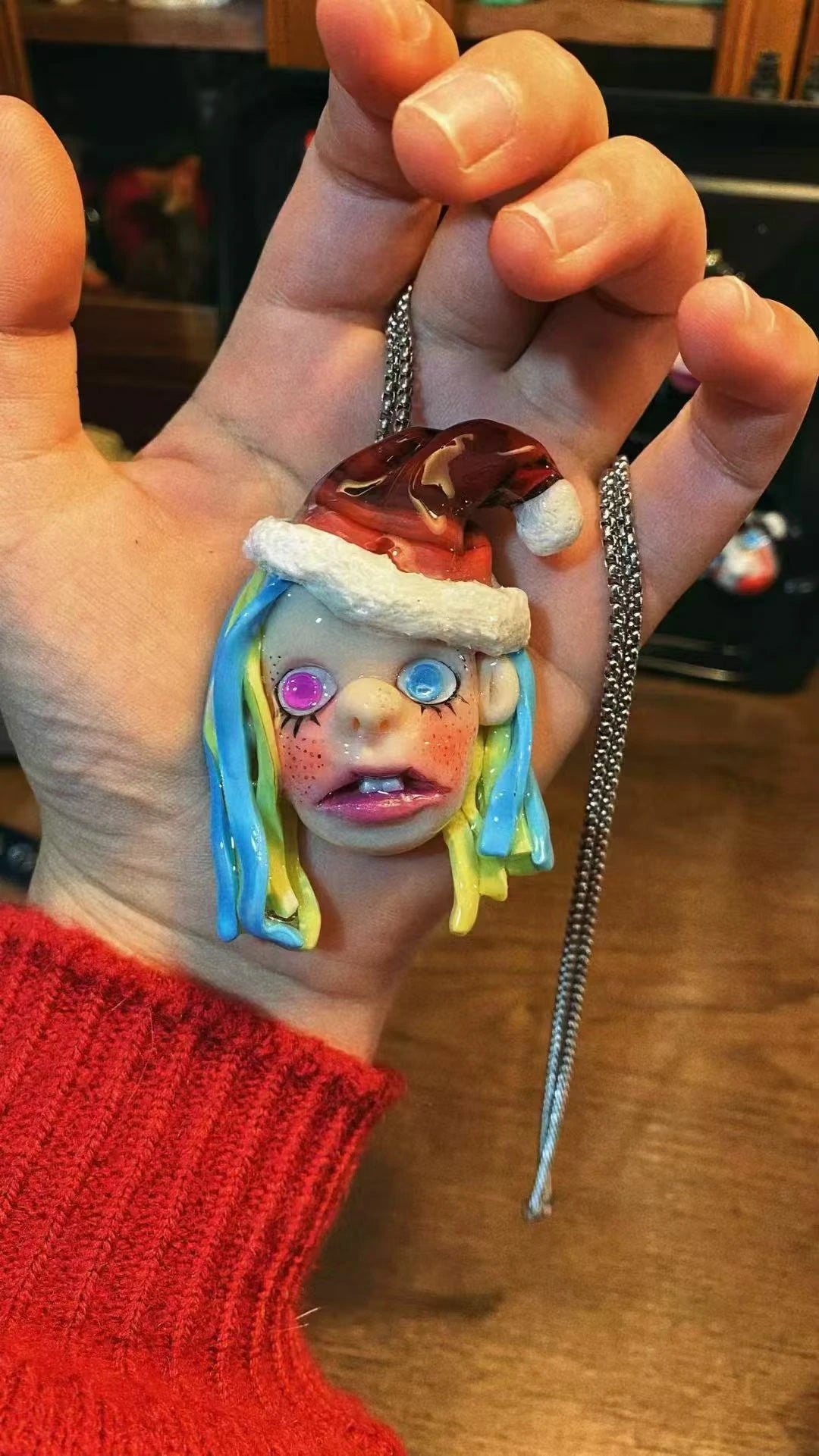 Kebarro Blue Yellow Hair Santa Hat Bizarre Doll Clay Necklace