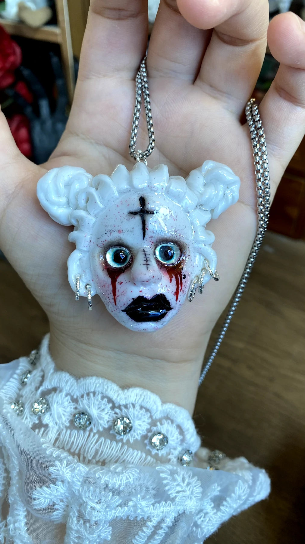 Kebarro Cross Marked Glossy Face Girl Pendant Clay Necklace