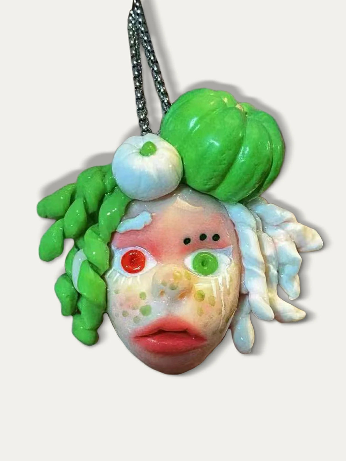 Kebarro Green And Write Hair With Cyan Pumpkin Handmade Doll Clay Necklace
