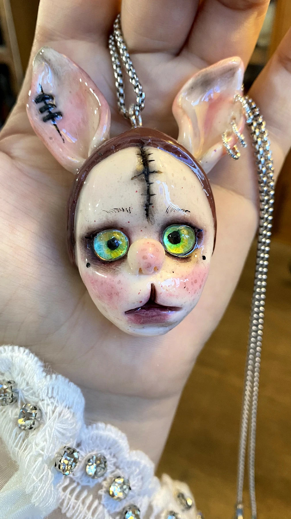 Kebarro Green Eyes Stitch Ears Cute Weird Doll Clay Necklace