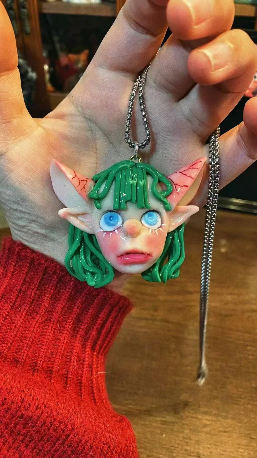 Kebarro Green Hair Blue Eyes Elf Weird Guardian Clay Necklace