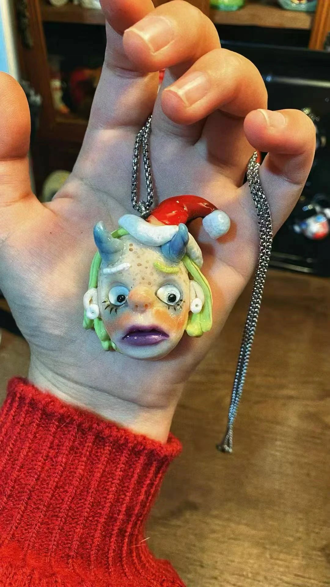 Kebarro Hair Blue Horns Santa ogre Bizarre Doll Clay Necklace