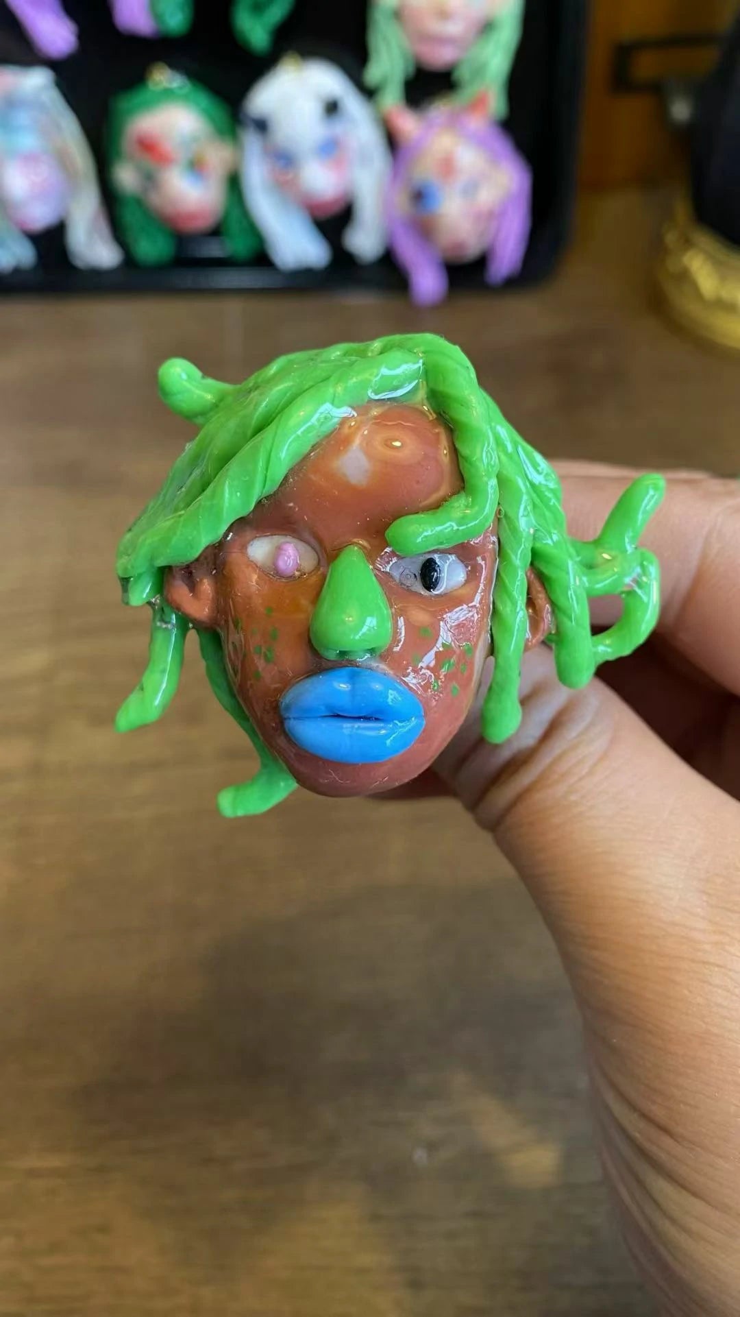 Kebarro Blue Lips Green Hair Ugly Doll Clay Necklace
