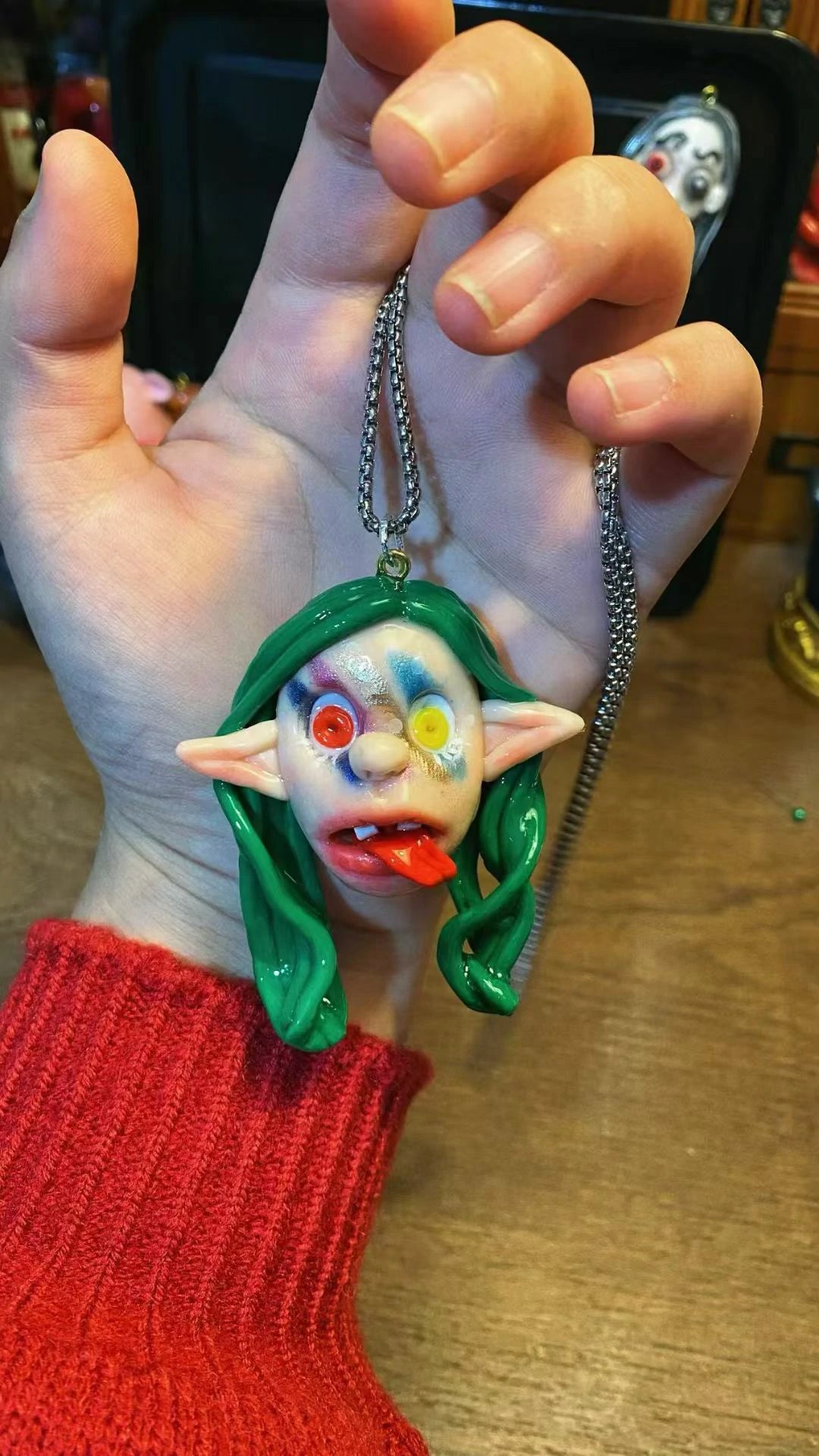 Kebarro Green Hair Heterochromatic Pupils Weird Doll Clay Necklace