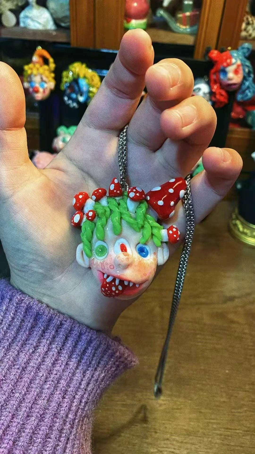 Kebarro Green Hair Mushroom With Three Eyes fantasy Doll Clay Necklace