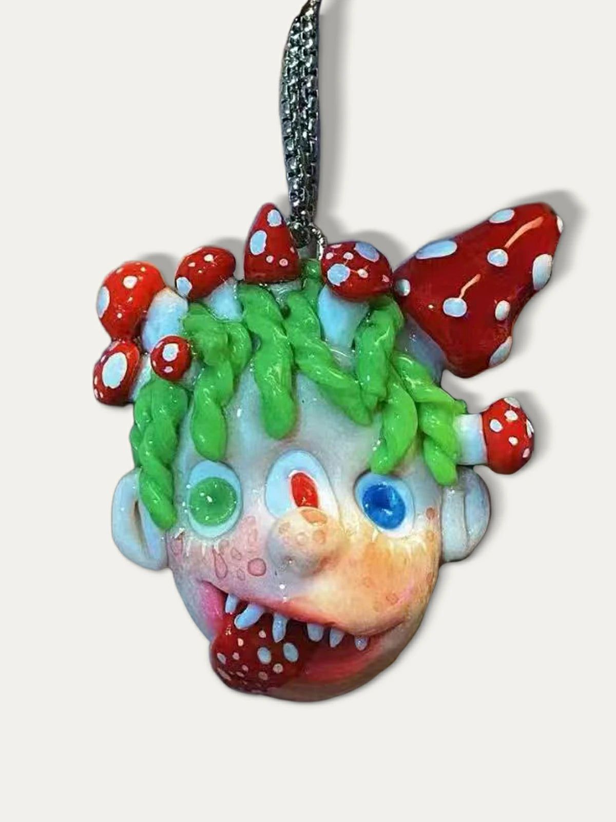 Kebarro Green Hair Mushroom With Three Eyes fantasy Doll Clay Necklace