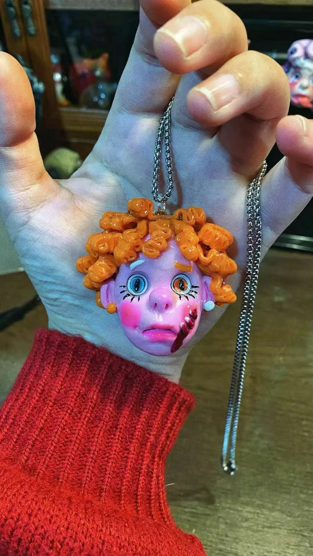 Kebarro Orange Curly Hair Tearful Face Weird Guardian Clay Necklace
