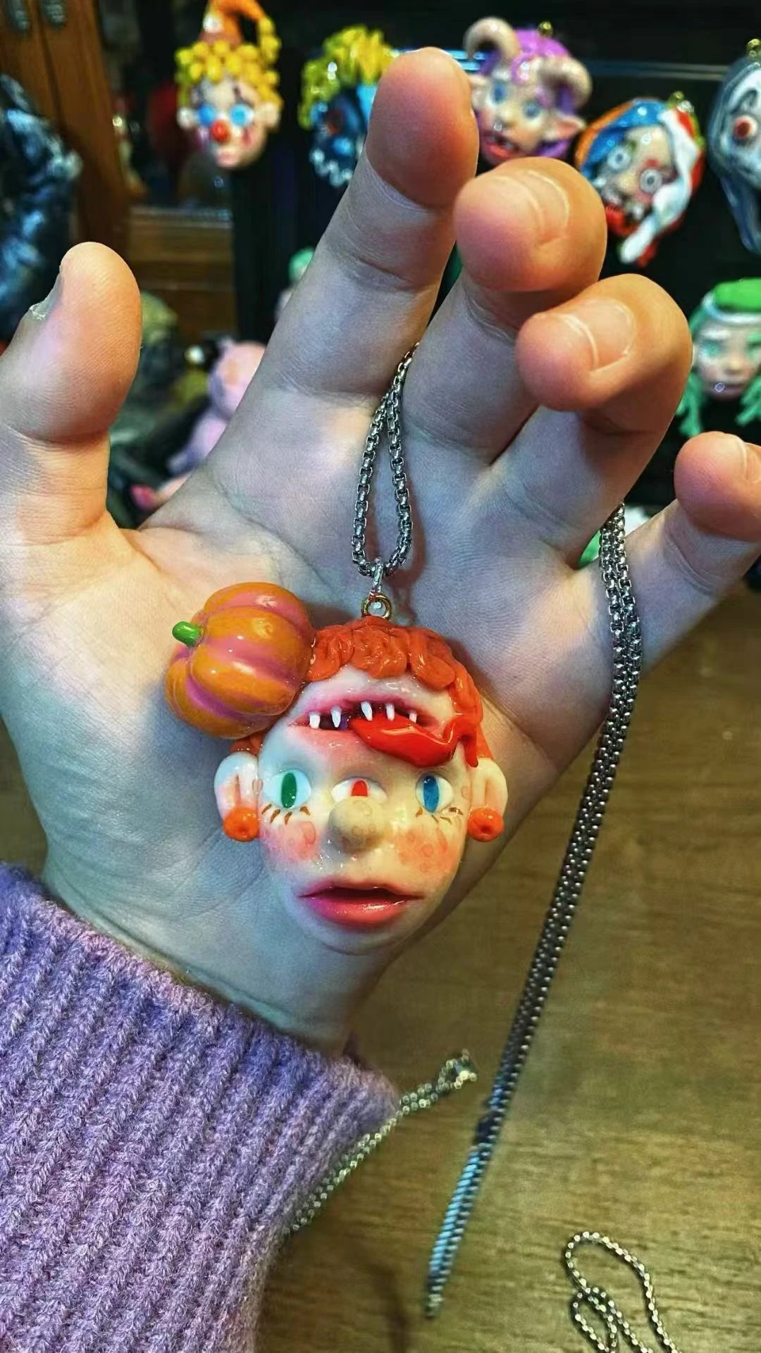 Kebarro Orange Hair Pumpkin Forehead Mouth Handmade Weird Doll Clay Necklace