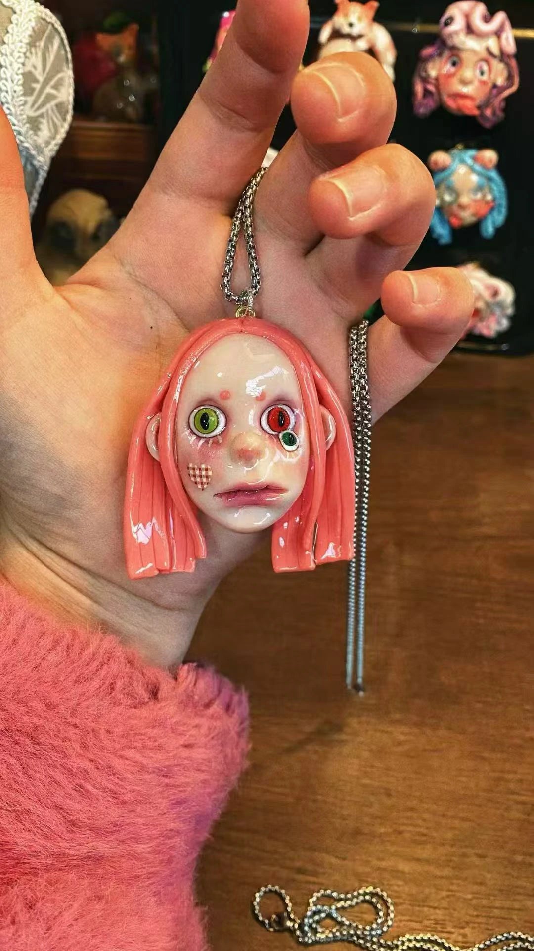 Kebarro Orange Hair Tricolor Eyes Patch Doll Weird Clay Necklace
