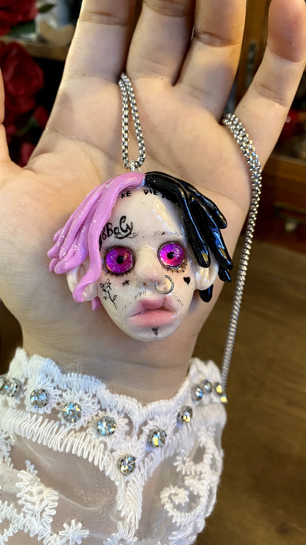 Kebarro Pink And Black Hair With Pink Eyes Clay Necklace