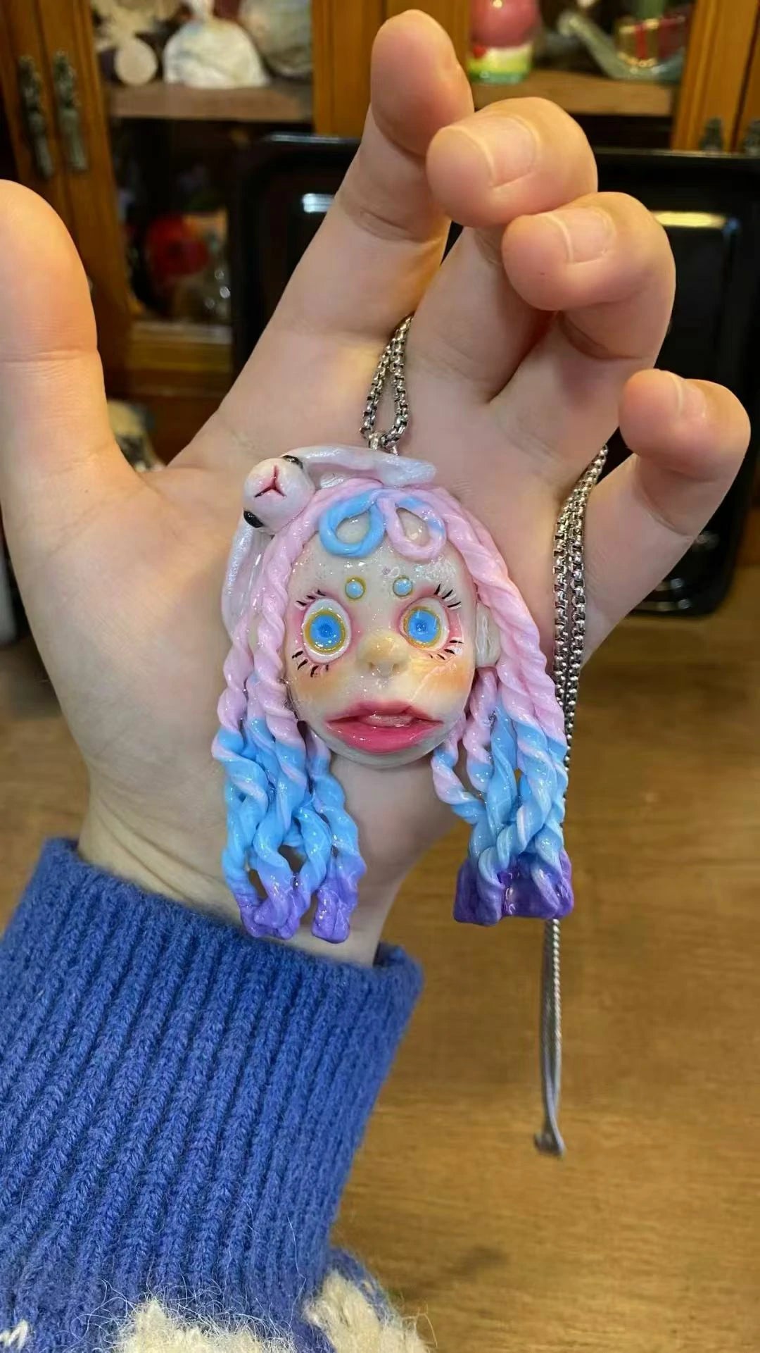 Kebarro Pink Blue Hair Fantasy Girl Handmade Doll Clay Necklace