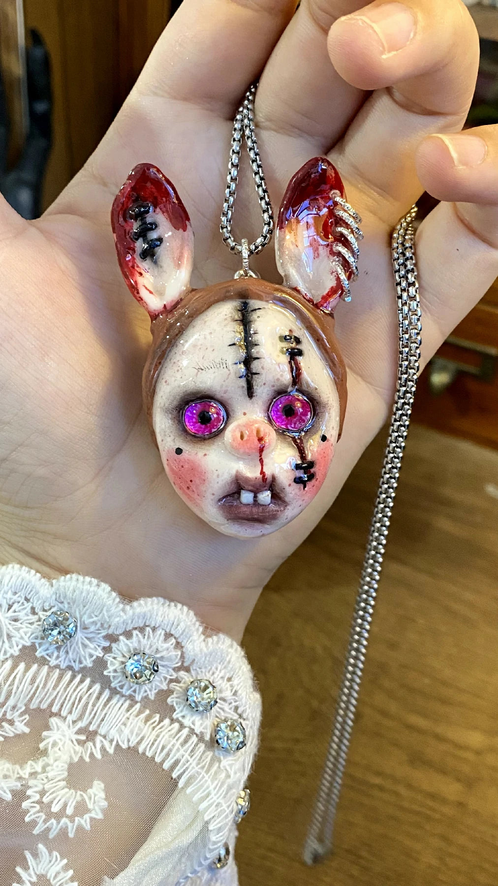 Kebarro Pink Eyes Bunny Stitches Doll Clay Necklace