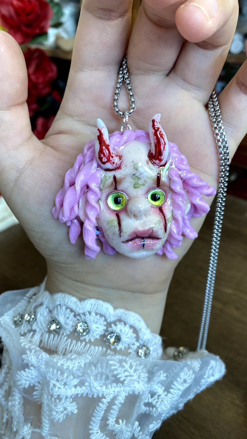 Kebarro Pink Purple Hair Horned Face Doll Clay Necklace