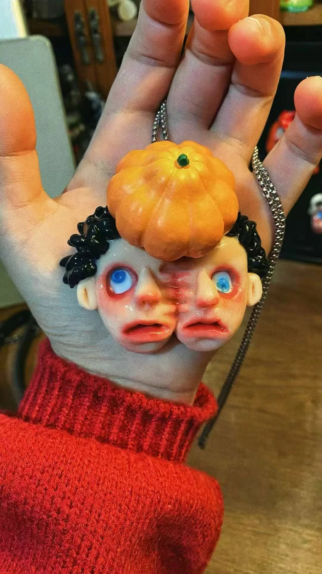 Kebarro Pumpkin Headed Two Face Split Weird Clay Necklace