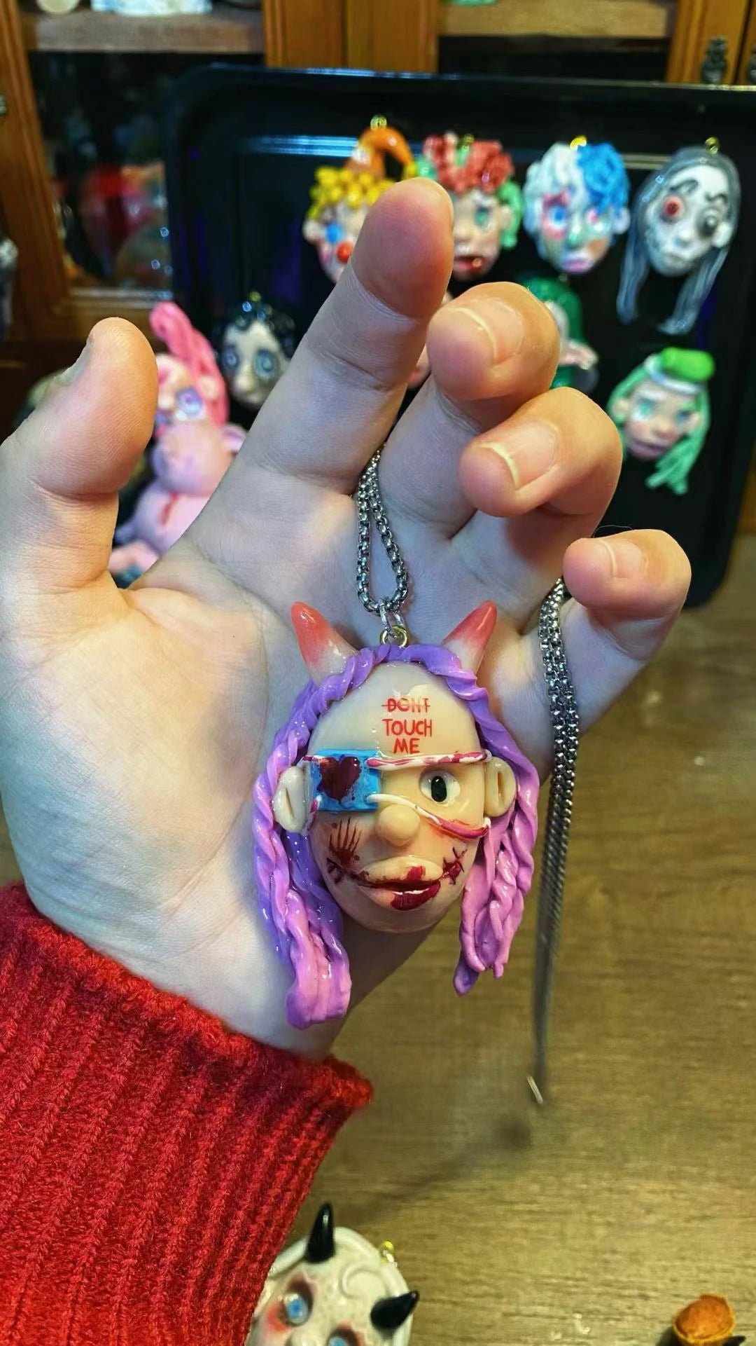 Kebarro Cute Doll purple hair nurse Clay Necklace