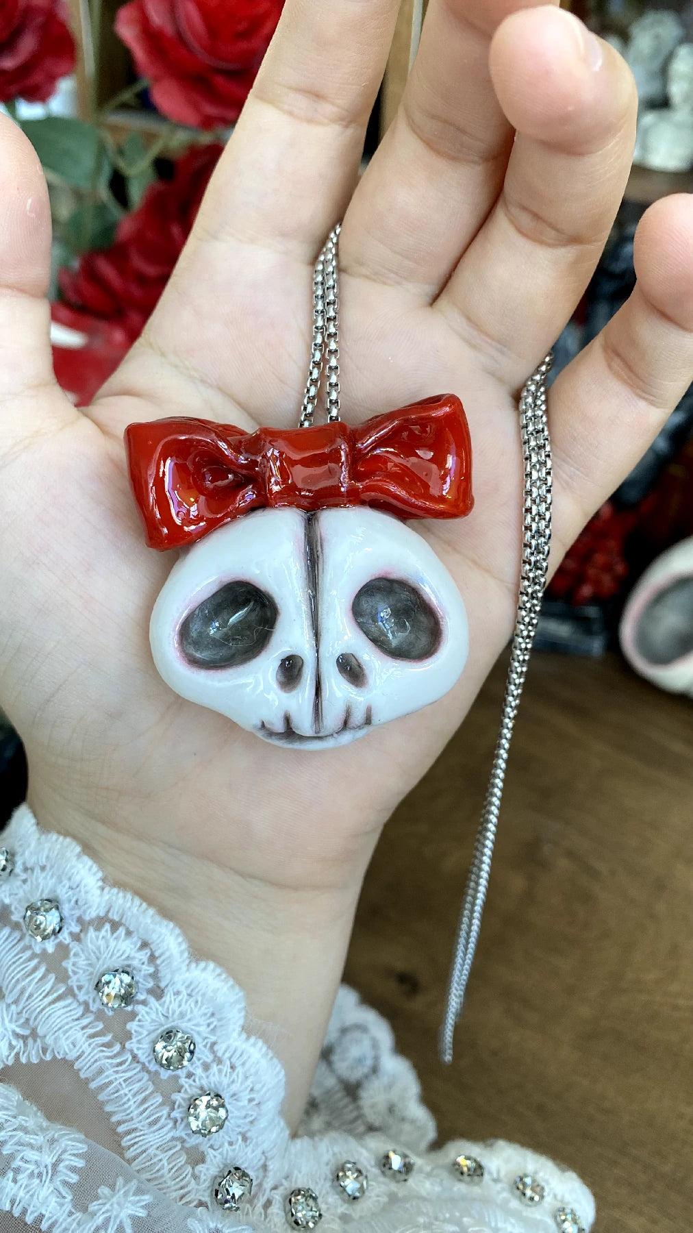 Kebarro Red Bow Skull Pendant Clay Necklace