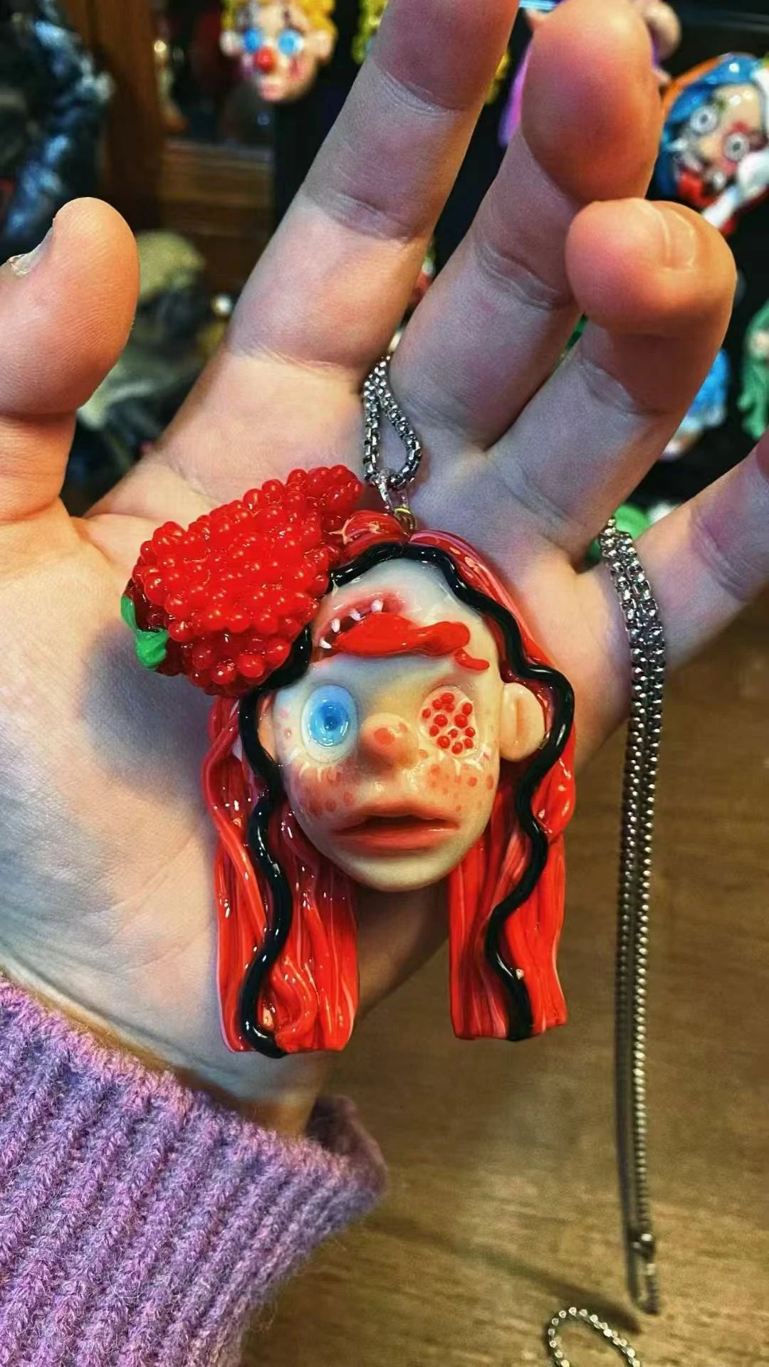 Kebarro Red Hair With Raspberry hat Blue Eye Weird Face Handmade Doll Clay Necklace