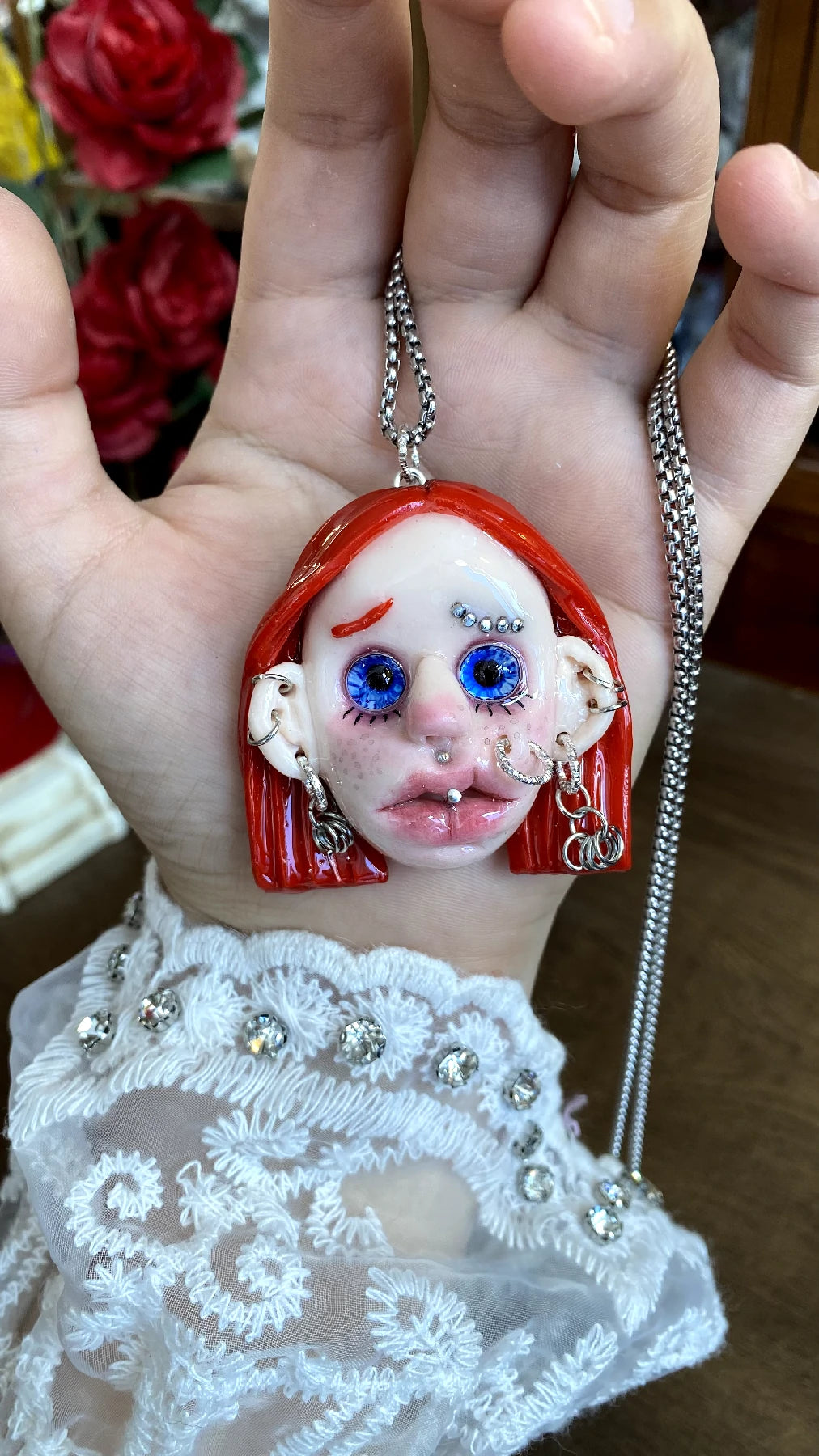 Kebarro Red Hair Blue Eyes Pierced Doll Clay Necklace
