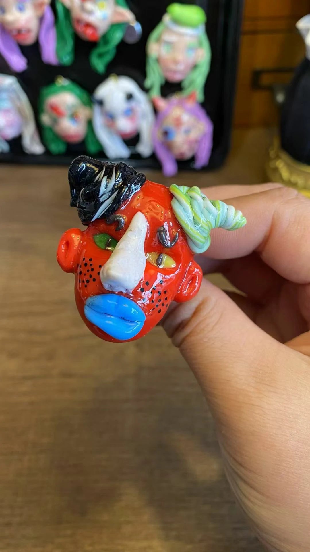 Kebarro Blue Lips Red Face Clay Necklace