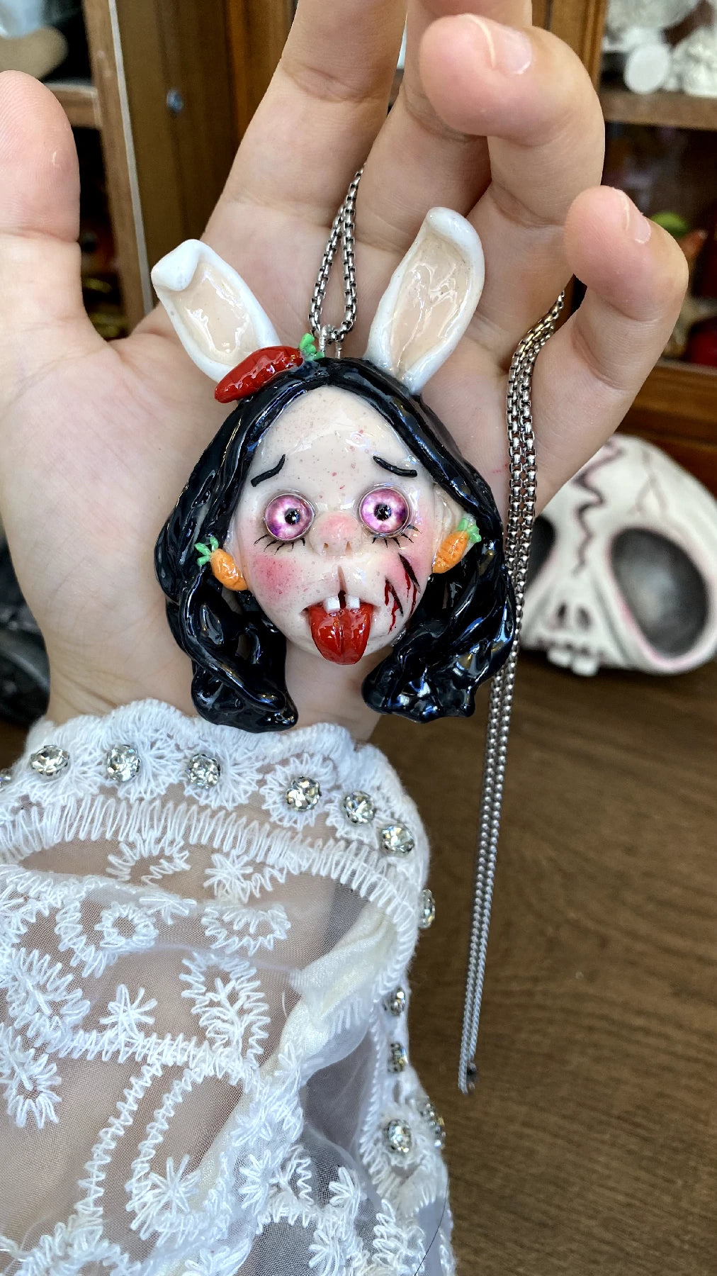 Kebarro Weird Bunny Ears Pink Eyes Charm Clay Necklace