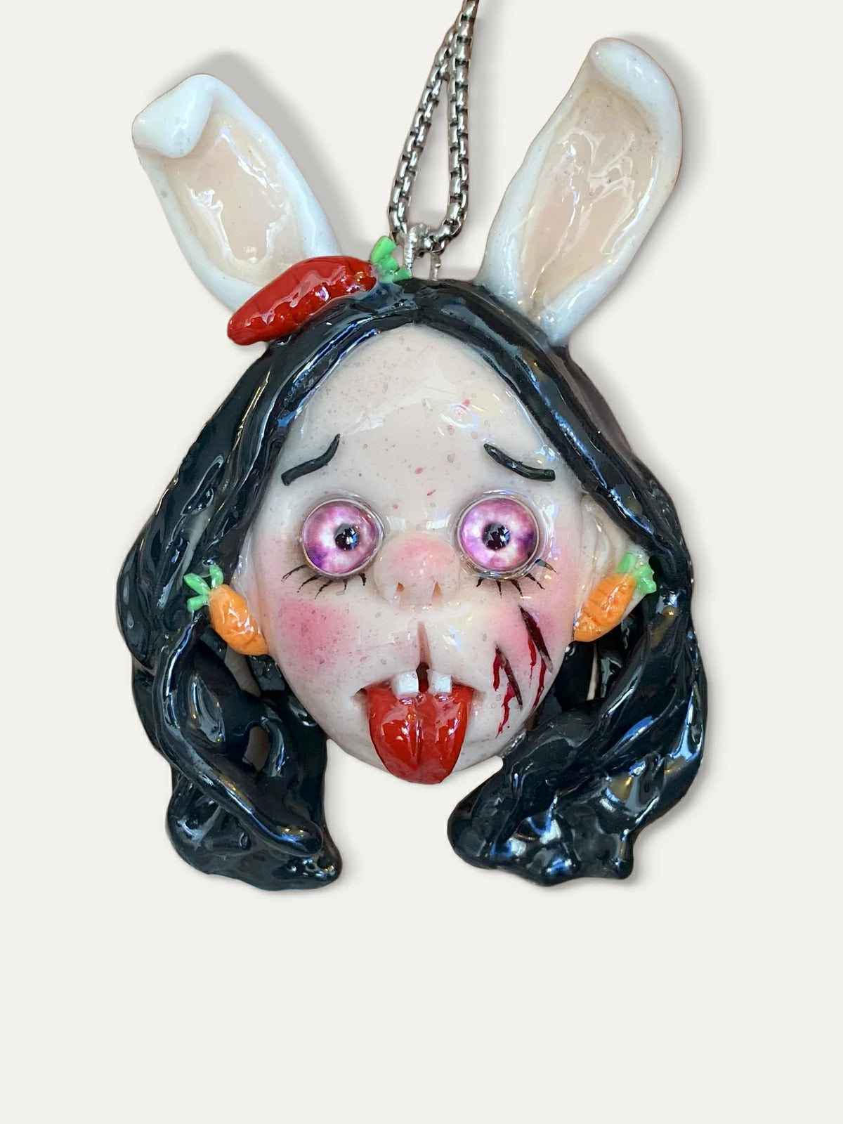 Kebarro Weird Bunny Ears Pink Eyes Charm Clay Necklace