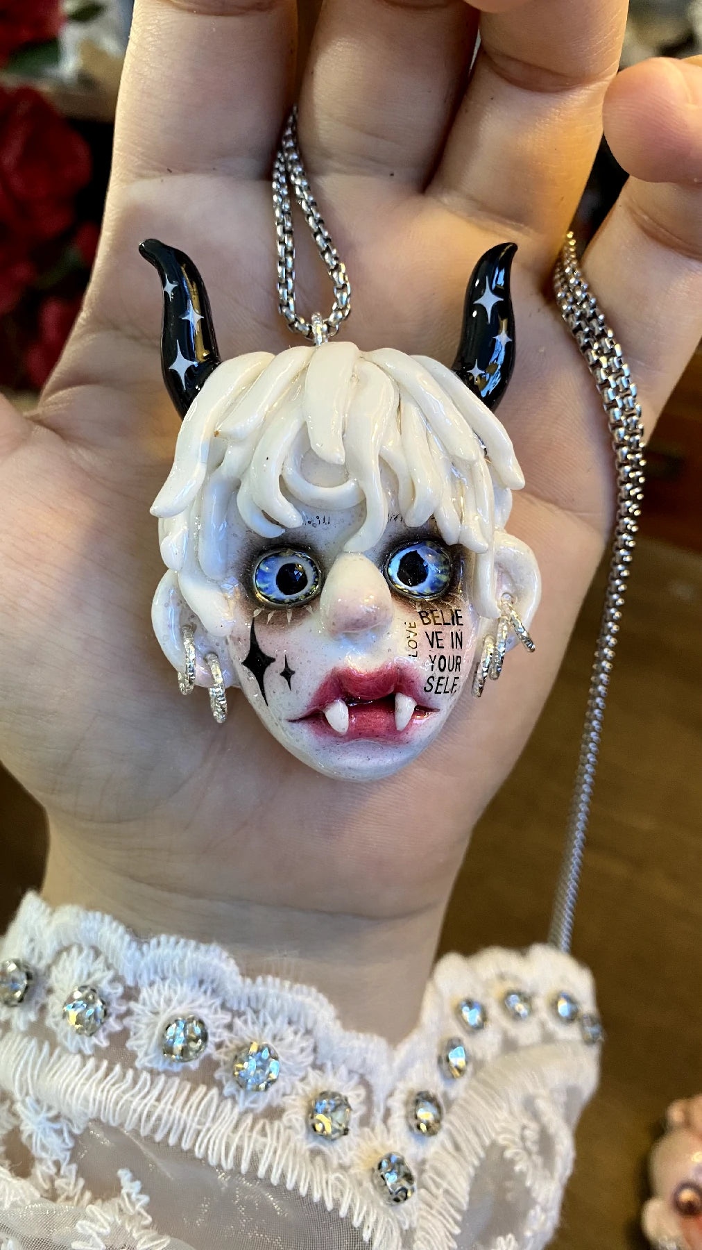Kebarro White Horned Vampire Face Pendant Clay Necklace