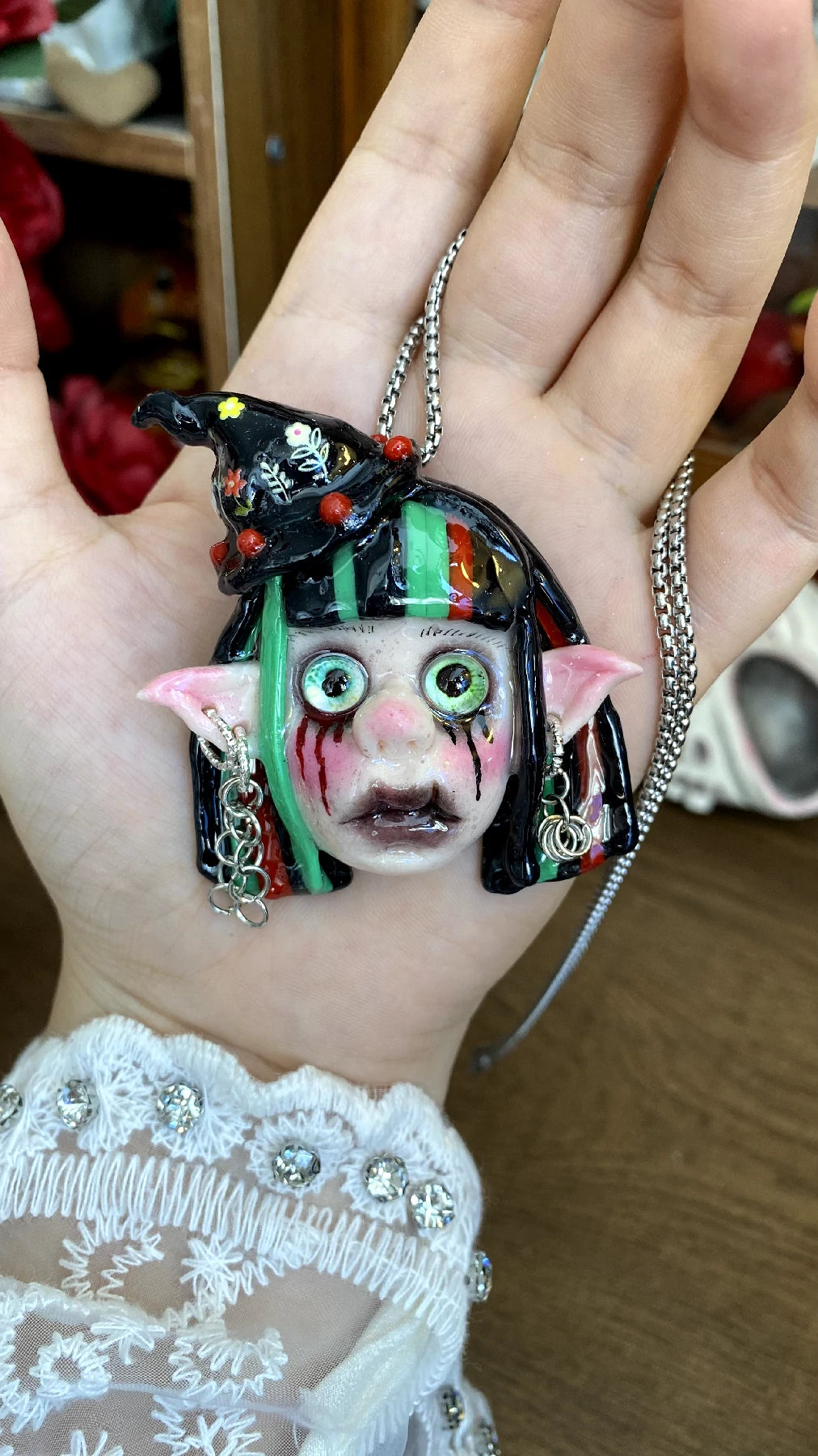 Kebarro Witch Hat Green Red Black Hair Doll Clay Necklace