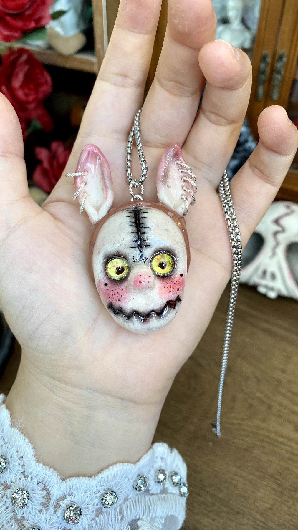 Kebarro Yellow Eyes Suture Mouth Weird Ear Clay Necklace