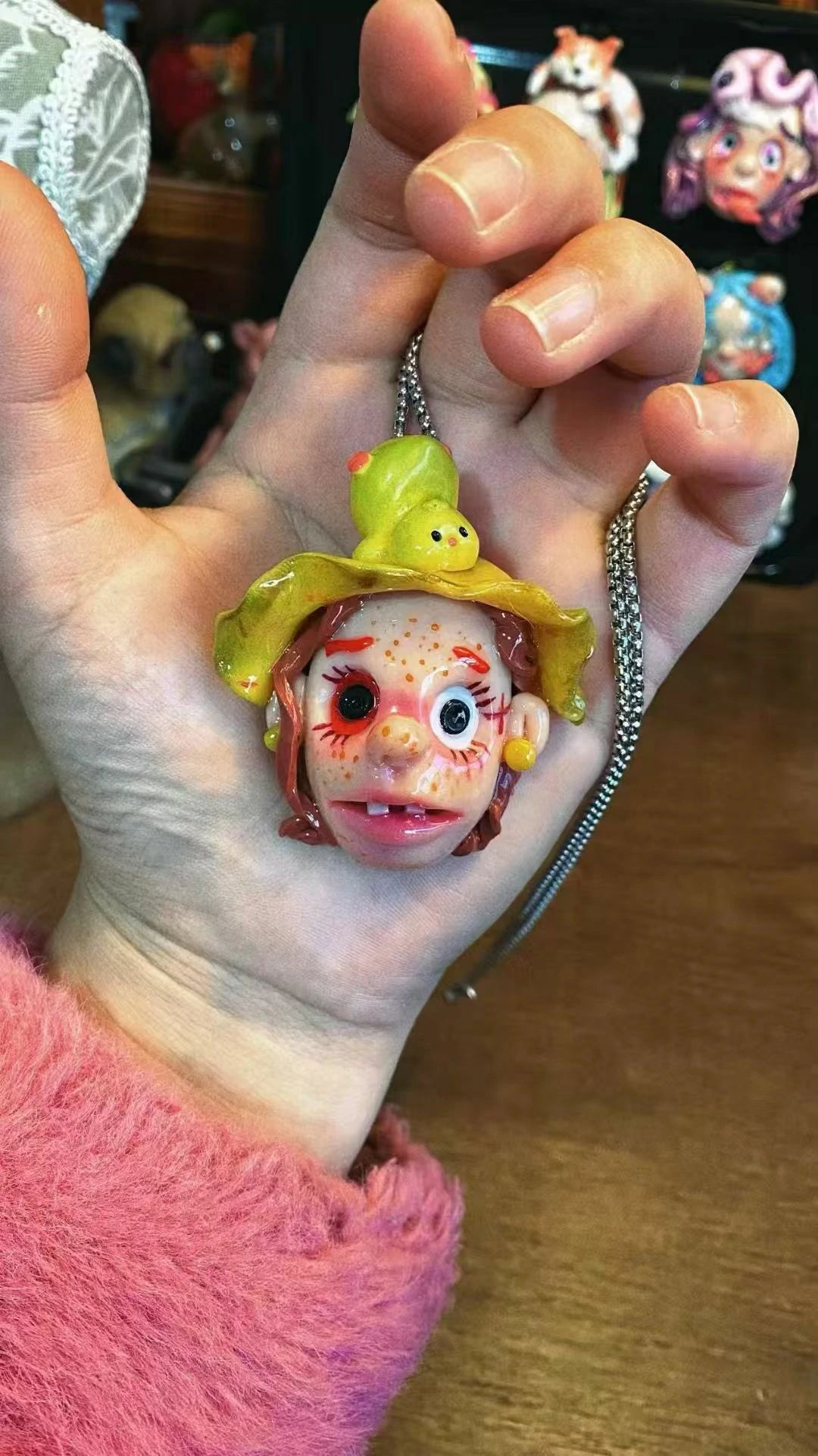 Kebarro Yellow Green Hat Freckled Face Doll Weird Clay Necklace