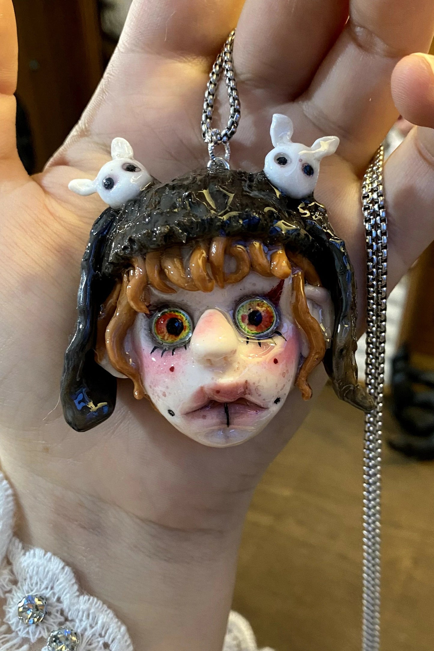 Kebarro Haunted Bunny Doll Clay Necklace