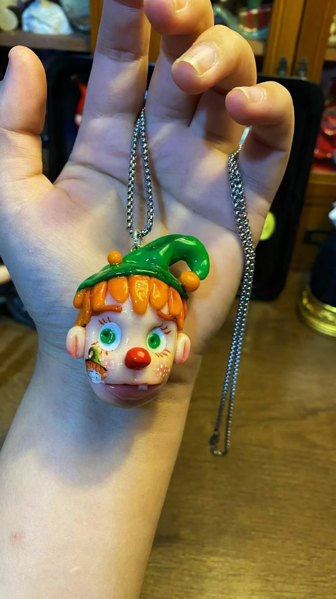Kebarro Colorful Clown Polymer Clay Necklace with Green Hat