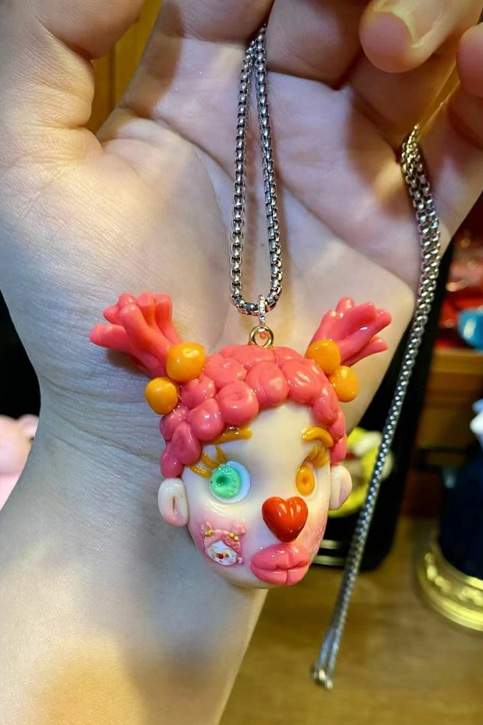 Kebarro Colorful Clown Polymer Clay Necklace with Braided Hair