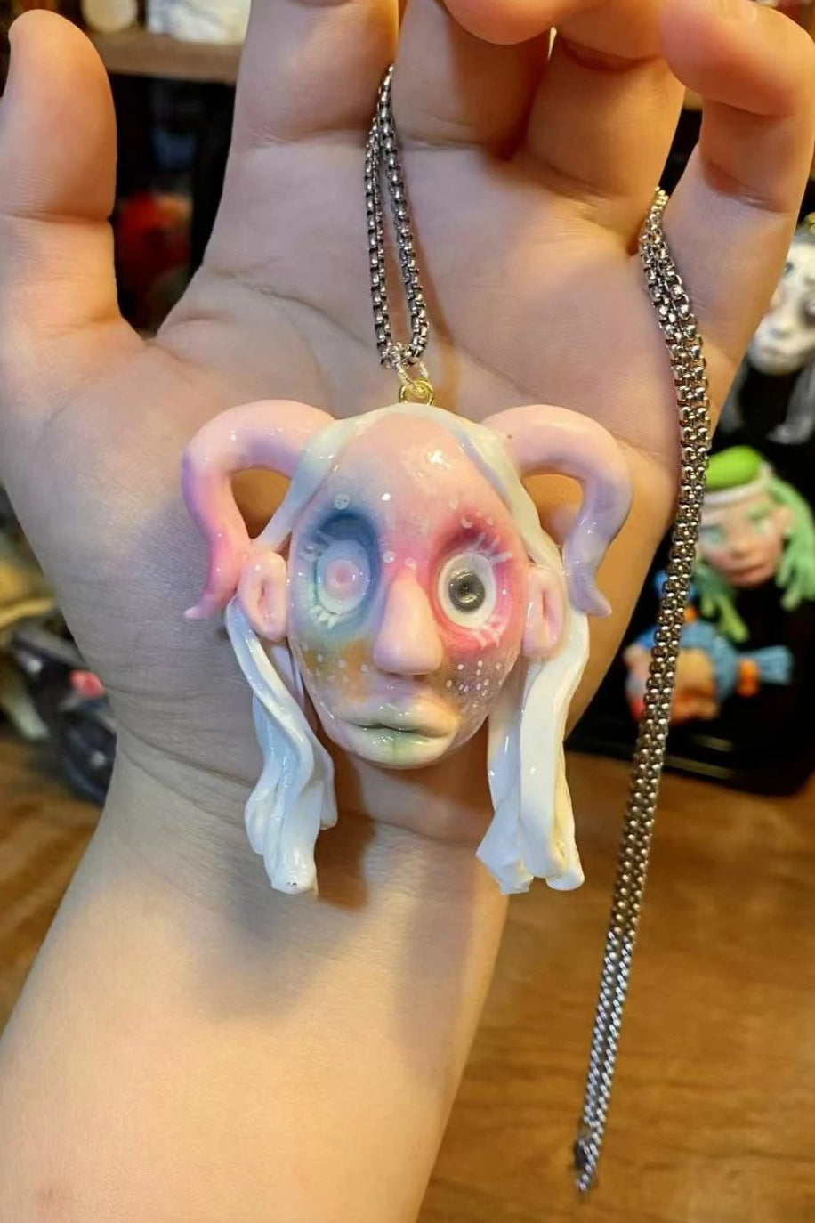 Kebarro Muted Pastel Horned Face Polymer Clay Necklace