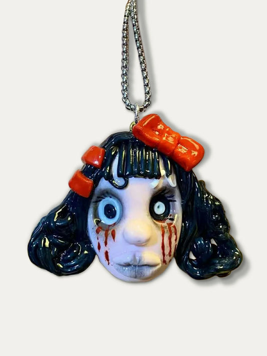 Kebarro Ugly Cute Clay Doll Necklace with Red Bow