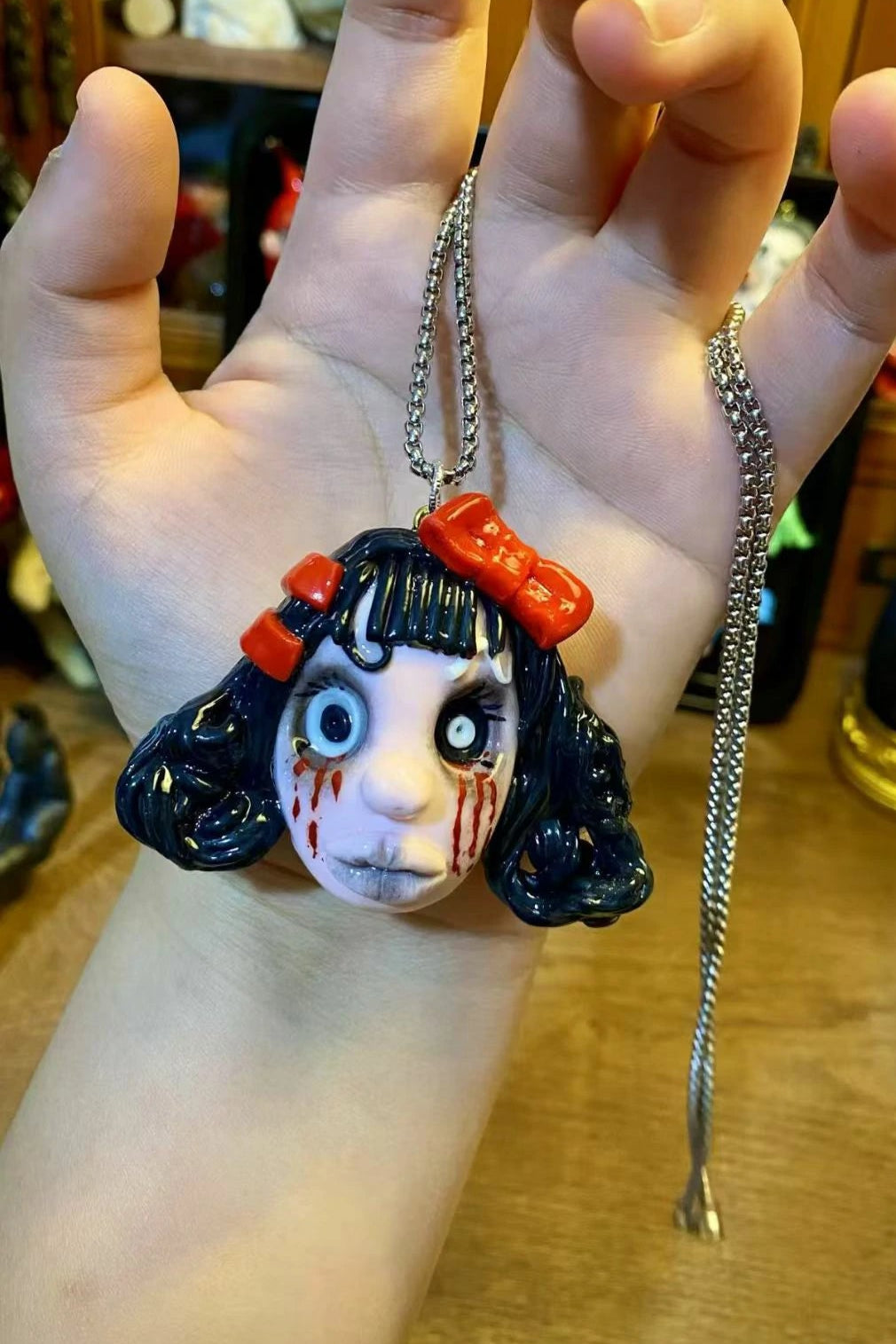 Kebarro Ugly Cute Clay Doll Necklace with Red Bow