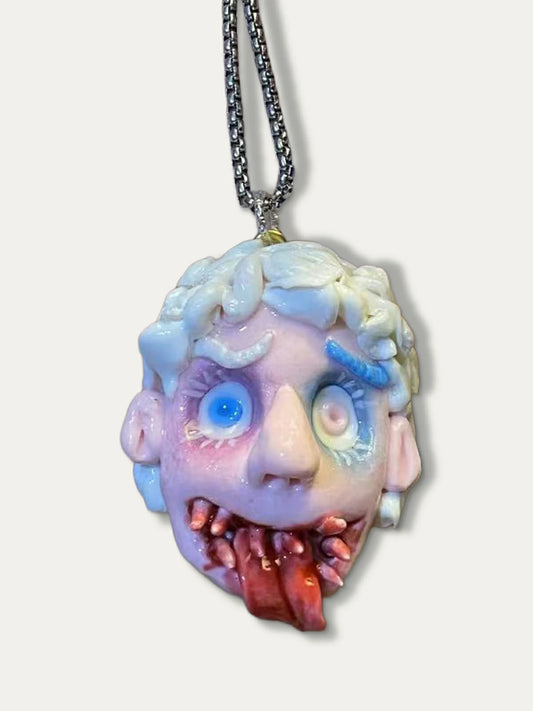 Kebarro Ugly Doll Polymer Clay Necklace in Glacier Blue and White