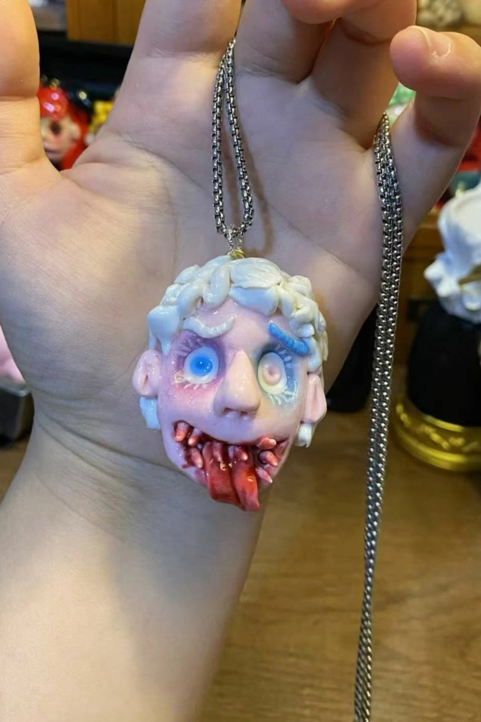 Kebarro Ugly Doll Polymer Clay Necklace in Glacier Blue and White